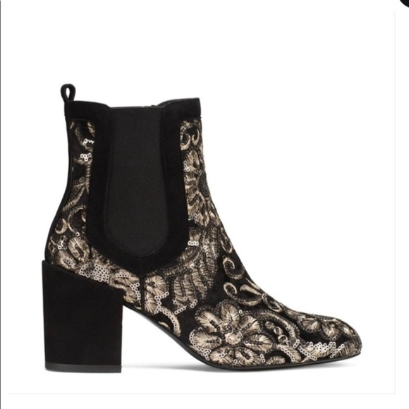 Stuart Weitzman Black Mediate Sequin Gold Booties - Picture 1 of 4